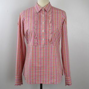 Vineyard Vines Pink Plaid Ruffle Trim Popover Top